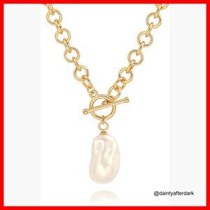 18k Gold Plated Chain Link Necklace with Baroque Pearl Pendant
